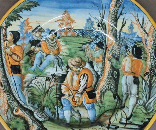 Céramiques, Porcelaines  - Coupe en majolique d'Urbino, chasse à la perdrix, vers 1590-1600.