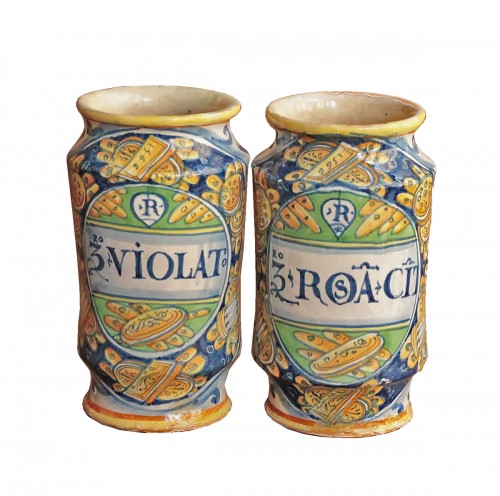 Castel-Durante majolica, two albarelli dated 1566