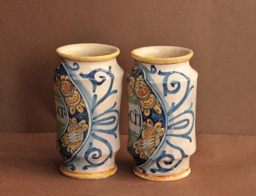 Porcelain & Faience  - Castel-Durante majolica, two albarelli dated 1566