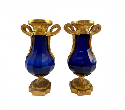 Pair of Louis XVI blue cut crystal and gilt bronze vases