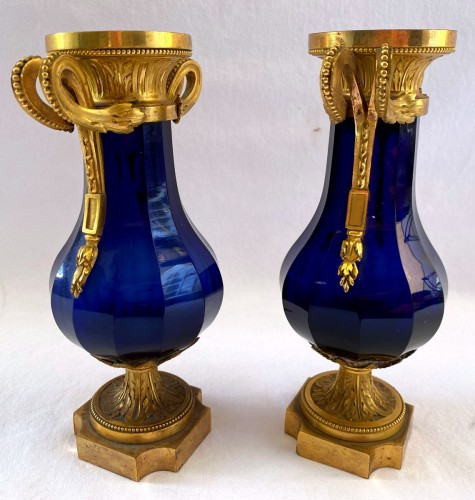 Pair of Louis XVI blue cut crystal and gilt bronze vases - 