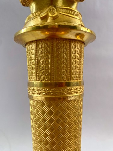 Antiquités - Paire de flambeaux Empire en bronze doré