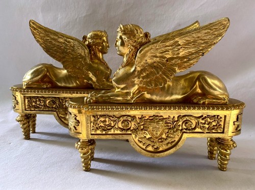 Architectural & Garden  - Pair of ormolu andirons with sphinxes circa 1830