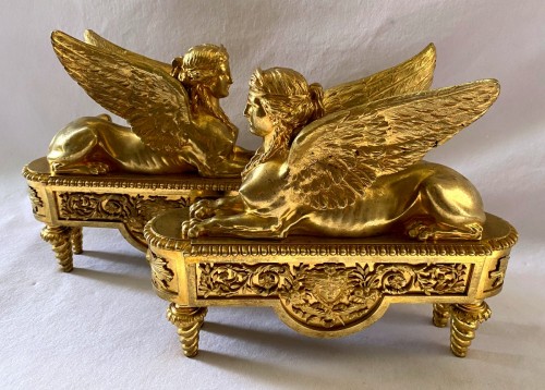 Pair of ormolu andirons with sphinxes circa 1830 - 