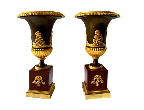 Pair of Empire gilt bronze and marble vases