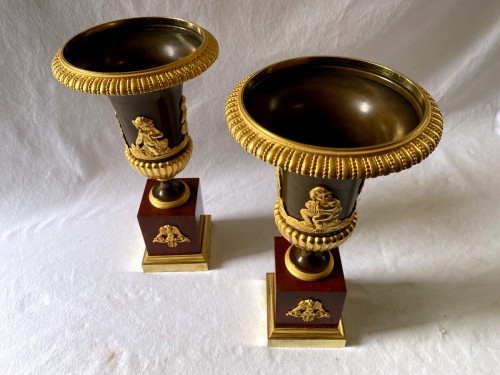 Decorative Objects  - Pair of Empire gilt bronze and marble vases