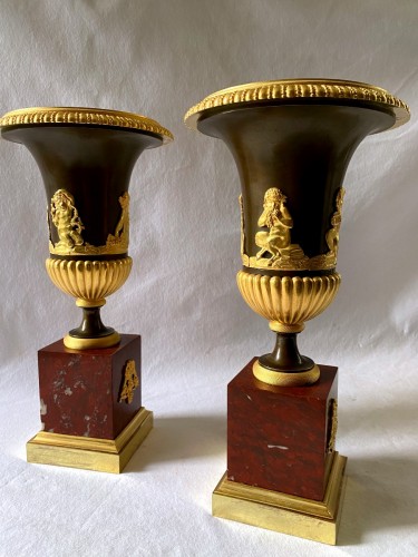 Pair of Empire gilt bronze and marble vases - Empire