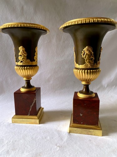 Antiquités - Paire de vases Empire en bronze doré et marbre