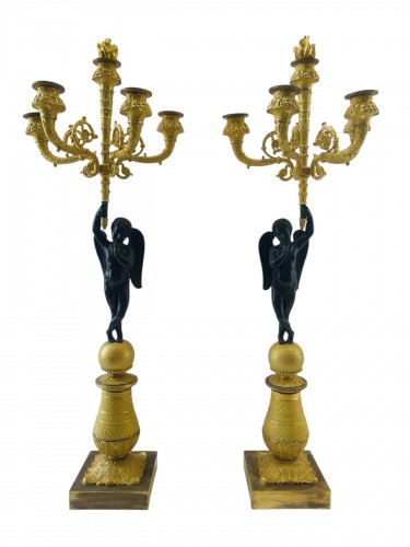 Paire de candélabres Empire en bronze doré et patiné