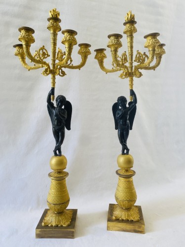 Paire de candélabres Empire en bronze doré et patiné - Luminaires Style Empire