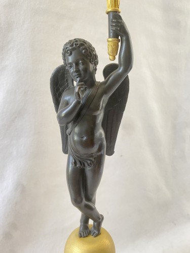 XIXe siècle - Paire de candélabres Empire en bronze doré et patiné