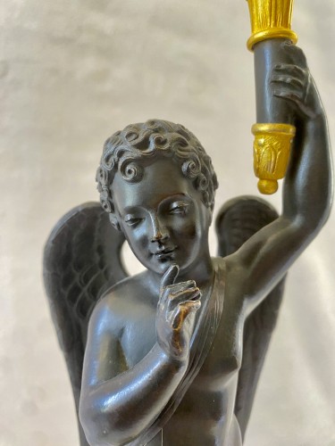 Antiquités - Paire de candélabres Empire en bronze doré et patiné