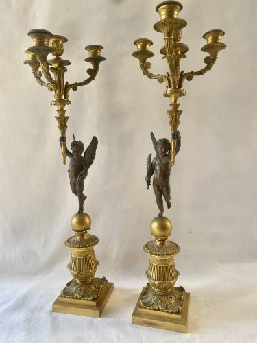 Paire de candélabres restauration en bronze patiné et bronze doré - Luminaires Style Restauration - Charles X