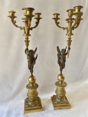 Luminaires Bougeoirs et Chandeliers - Paire de candélabres restauration en bronze patiné et bronze doré