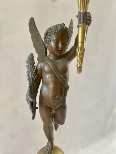 Paire de candélabres restauration en bronze patiné et bronze doré - Jullion Antiquités