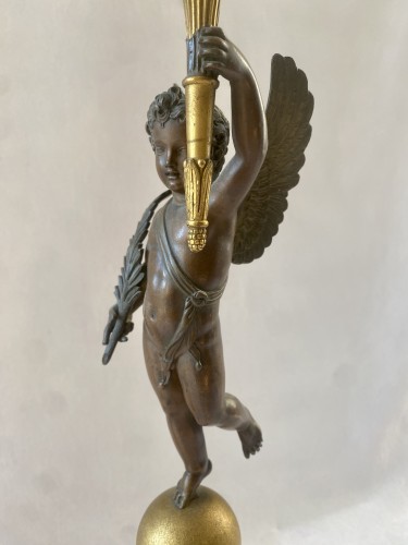 Paire de candélabres restauration en bronze patiné et bronze doré - Restauration - Charles X