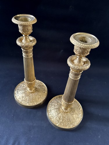 Antiquités - Paire de flambeaux Empire en bronze doré