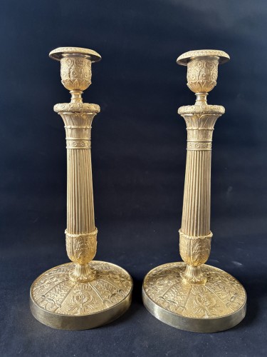 Antiquités - Paire de flambeaux Empire en bronze doré