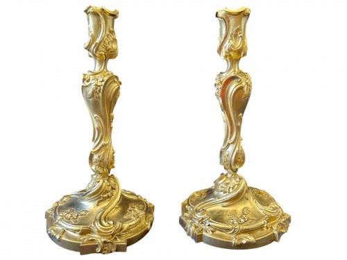 Paire de flambeaux en bronze doré fin 19e d'après un dessin de Meissonnier