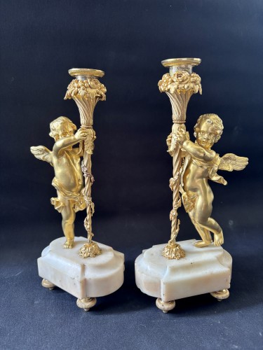 Paire de bougeoirs Napoléon III en bronze doré - Luminaires Style Napoléon III