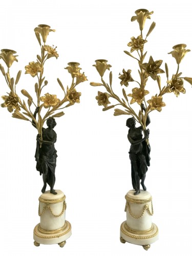 Pair of bronze and marble Louis XVI candlesticks