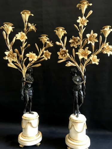 Pair of bronze and marble Louis XVI candlesticks - Lighting Style Louis XVI