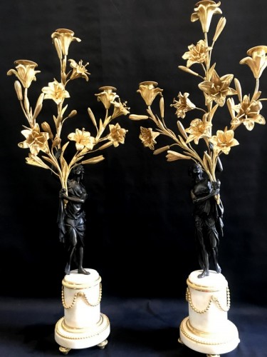 Lighting  - Pair of bronze and marble Louis XVI candlesticks