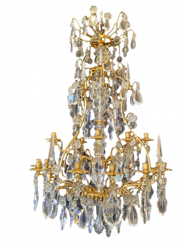 Grand lustre cage en bronze doré et cristal de Baccarat