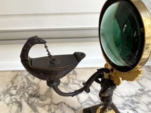 Antiquités - Lampe à huile à réflecteur en bronze doré