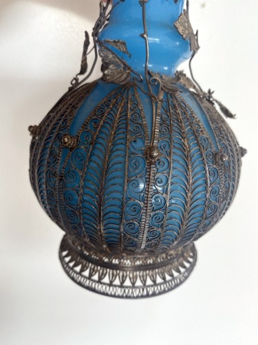 Paire de vases en opaline bleu et monture argent - Restauration - Charles X