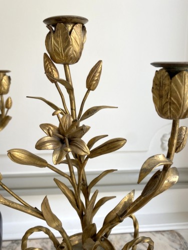 Antiquités - Paire de chandeliers Louis XVI en verre bleu et bronze doré