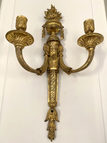 Lighting  - Pair of Louis XVI gilt bronze sconces after Prieur