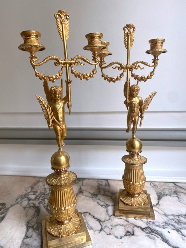 Paire de candélabres Empire en bronze doré - Luminaires Style Empire