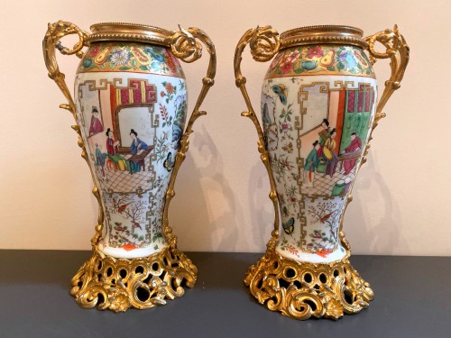 Paire de vases en porcelaine de canton et monture bronze doré - Objet de décoration Style Napoléon III
