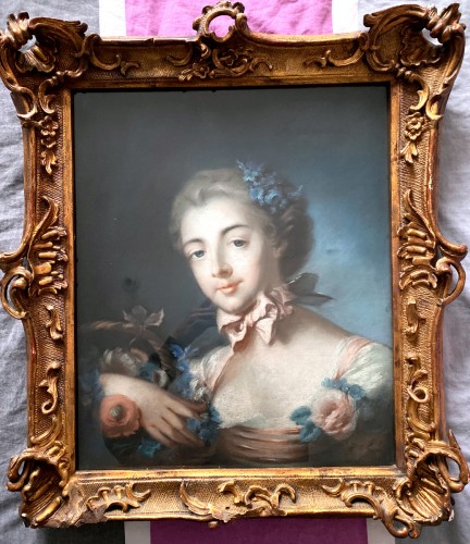 Portrait présumé de Marie émilie Baudouin - Ecole française vers 1760, entourage de François Boucher - Tableaux et dessins Style Louis XV