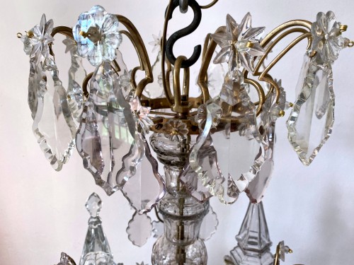 Antiquités - Grand lustre cage Louis XV en cristal taillé