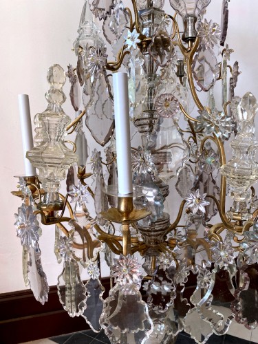 Antiquités - Grand lustre cage Louis XV en cristal taillé