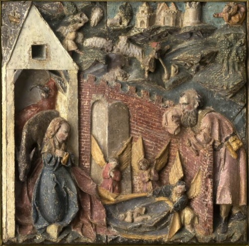 Relief du gothique tardif "Adoration de l’Enfant devant l’étable de Bethléem"