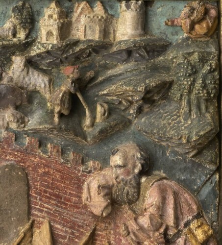 Relief du gothique tardif "Adoration de l’Enfant devant l’étable de Bethléem" - Sculpture Style 