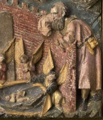 Sculpture Sculpture en Bois - Relief du gothique tardif "Adoration de l’Enfant devant l’étable de Bethléem"