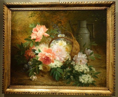 Nature morte au panier de fleurs et arrosoir - Jules MEDARD, vers 1890 - Tableaux et dessins Style Napoléon III