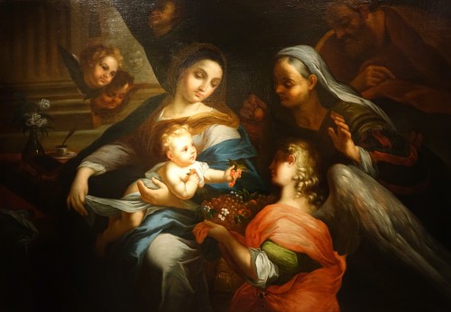 Antiquités - La Sainte Famille avec Sainte Anne et un ange, école romaine 2e moitié du 18e siècle