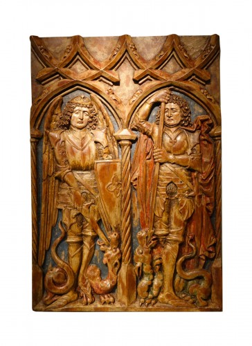 Saint Michel et Saint Georges, mi-relief en bois de tilleul Allemagne vers 1500