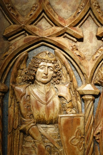 Saint Michel et Saint Georges, mi-relief en bois de tilleul Allemagne vers 1500 - Sculpture Style Renaissance