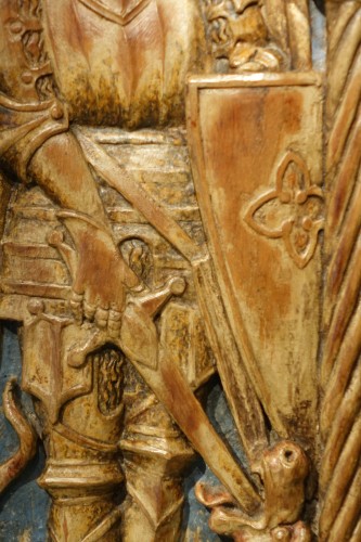 Saint Michel et Saint Georges, mi-relief en bois de tilleul Allemagne vers 1500 - Renaissance