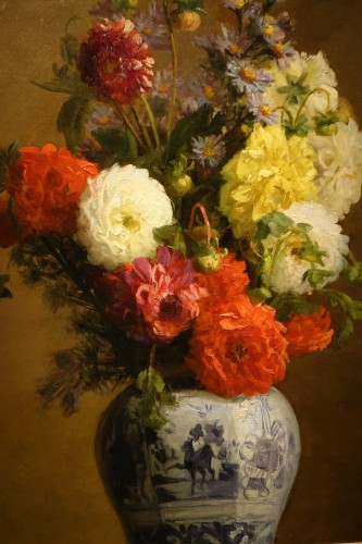 Bouquet de Dahlias dans un vase Japonais, A.MELOT, 1883 - Tableaux et dessins Style Art nouveau