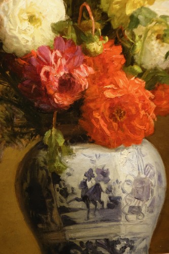 Tableaux et dessins Tableaux XIXe siècle - Bouquet de Dahlias dans un vase Japonais, A.MELOT, 1883