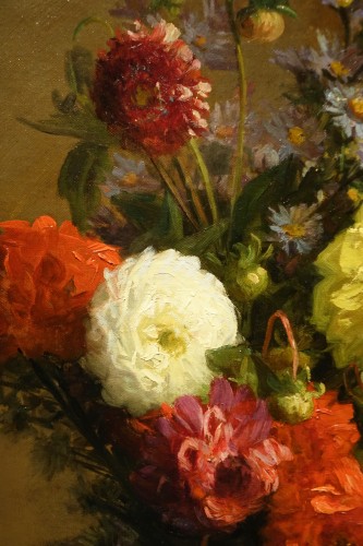 XIXe siècle - Bouquet de Dahlias dans un vase Japonais, A.MELOT, 1883