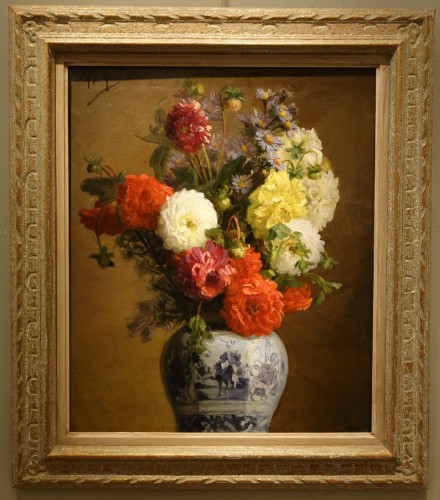 Bouquet de Dahlias dans un vase Japonais, A.MELOT, 1883 - Art nouveau