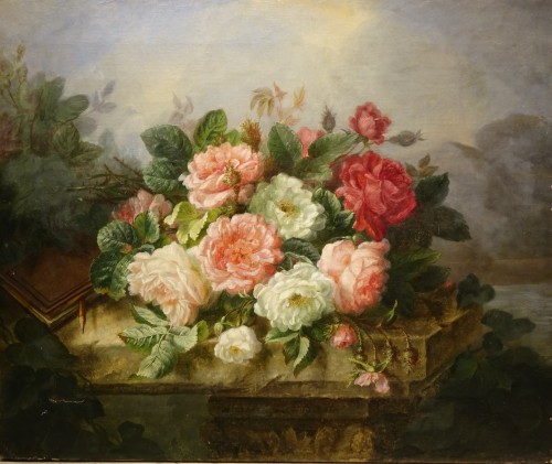 Bouquet of roses on an entablature - Marie LOUVEAU, circa 1880